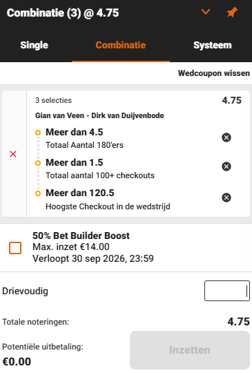 Sports betting slip with a wager on darts.