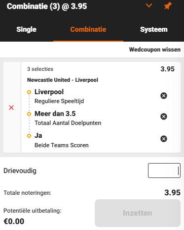 Betting app showing a combination bet on a Newcastle vs. Liverpool football match.