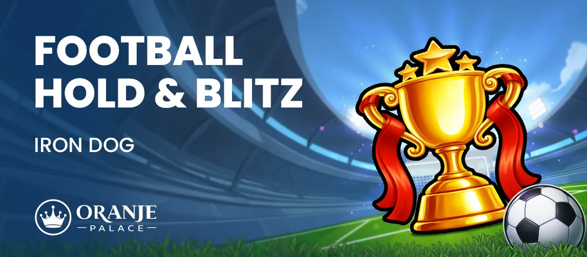 Golden trophy and soccer ball in a stadium with 'FOOTBALL HOLD & BLITZ' text.
