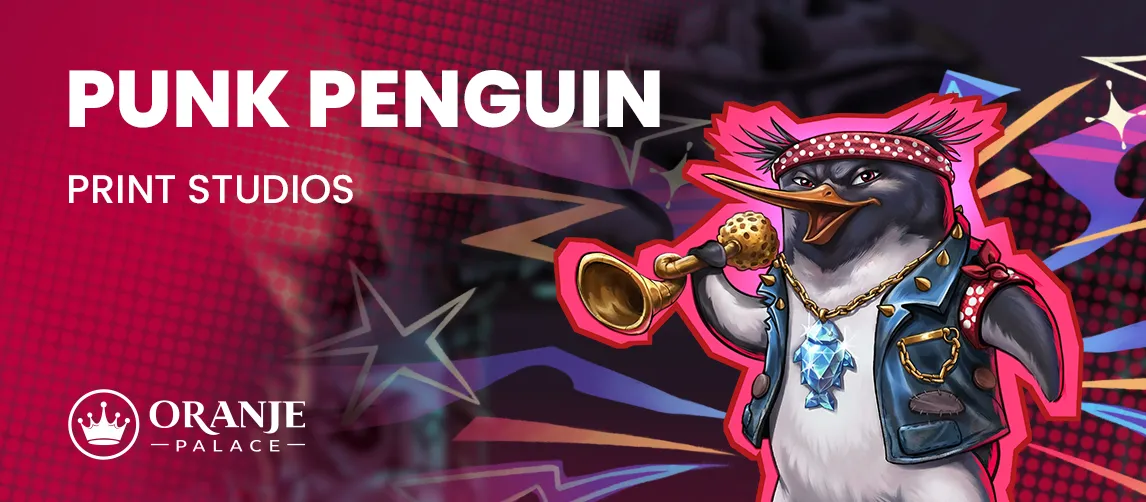 Punk penguin in bandana, sunglasses, and leather jacket, holding a microphone. Text: PUNK PENGUIN PRINT STUDIOS.