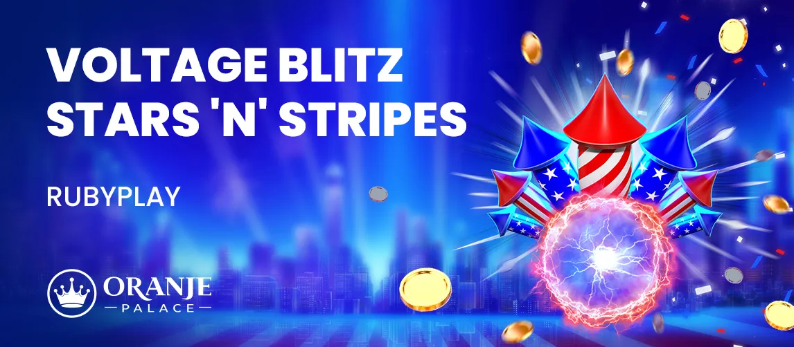 Voltage Blitz Stars 'n' Stripes game ad with fireworks, glowing orb, and gold coins.