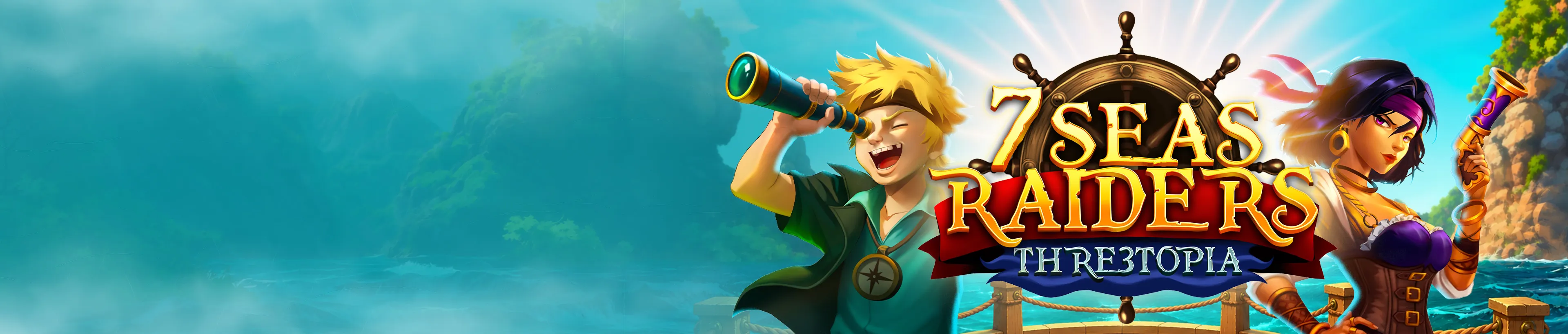 Cartoon characters from 7 Seas Raiders Hypertropia: a boy with a telescope and a woman.