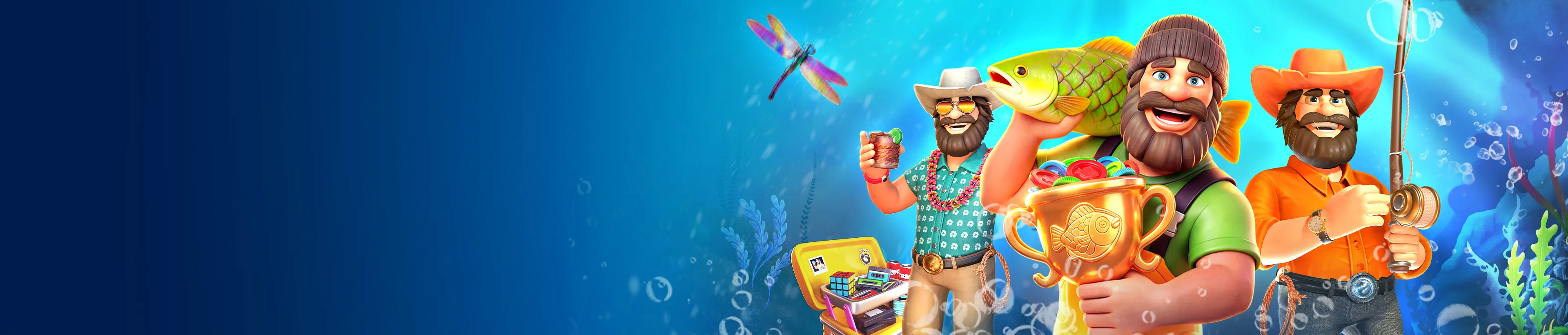 Three cartoon fishermen celebrating with a large fish, a trophy, and a fishing rod.