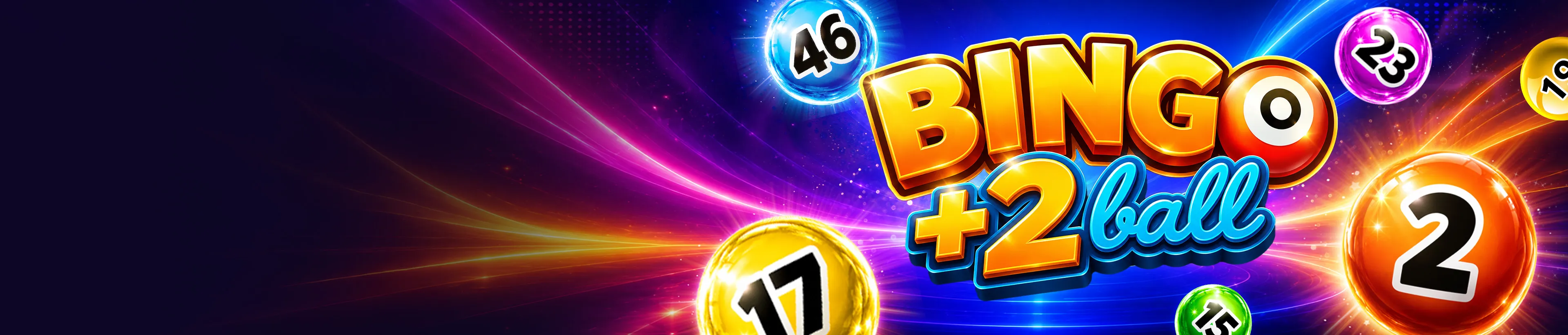 Colorful 'BINGO +2 ball' title with various numbered bingo balls against bright light rays.