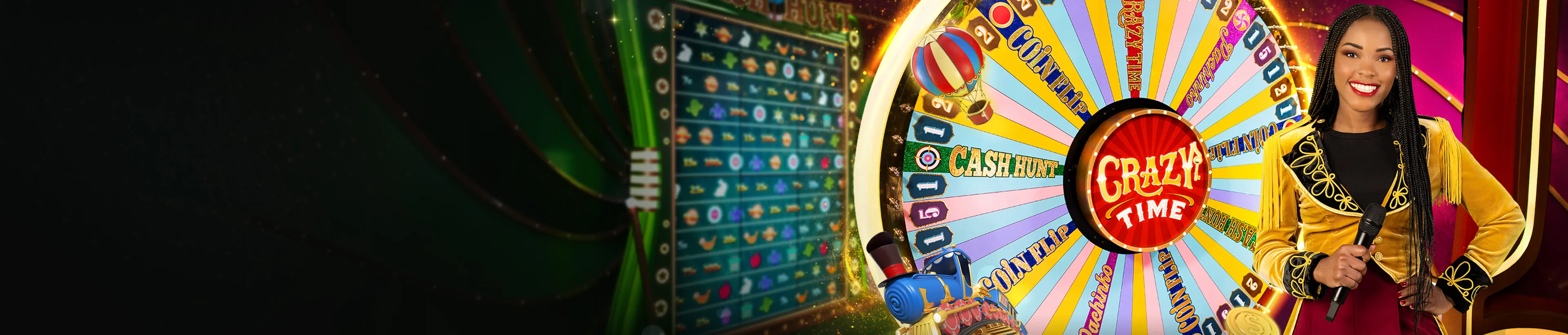 Smiling woman presents a colorful "CRAZY TIME" game wheel in a vibrant studio setting.