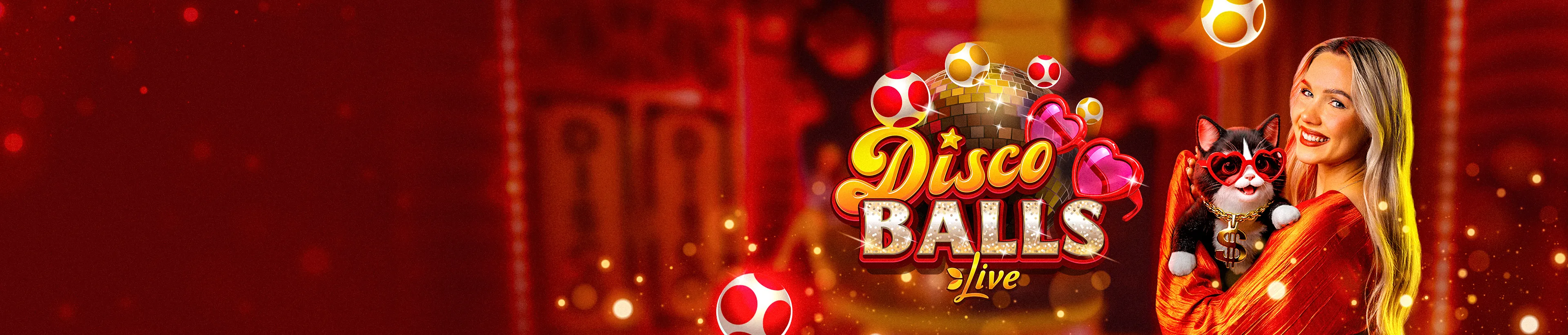 Blonde woman holds a cat surrounded by glowing disco balls, promoting the 'Disco BALLS' game.