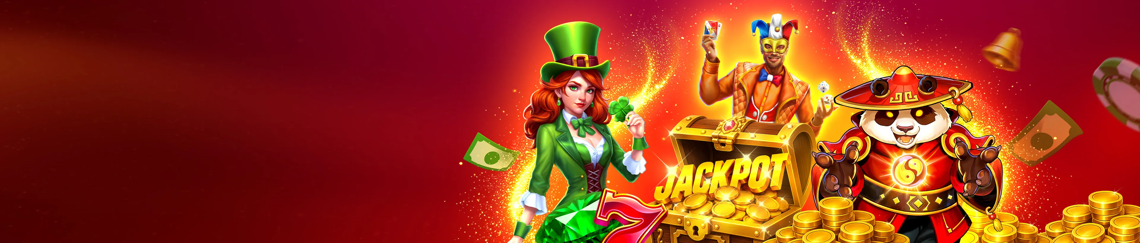 Fantasy game characters including a leprechaun, golden figure, and panda celebrating a gold jackpot.