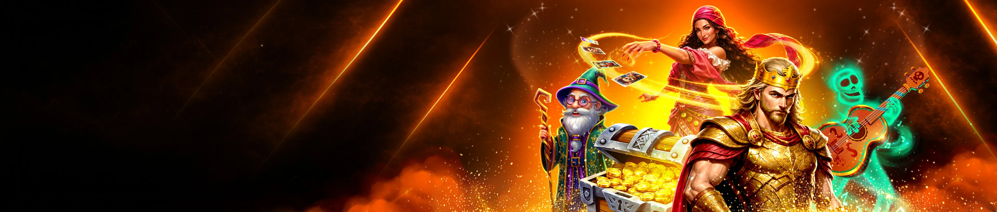 Stylized female figures, goddesses or mythical beings, with fiery orange and yellow light effects.