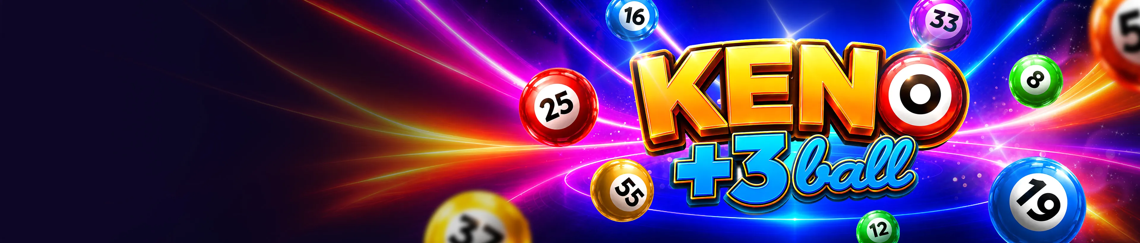 Keno +3 Ball game title with colorful lottery balls exploding across a vibrant, light-streaked background.
