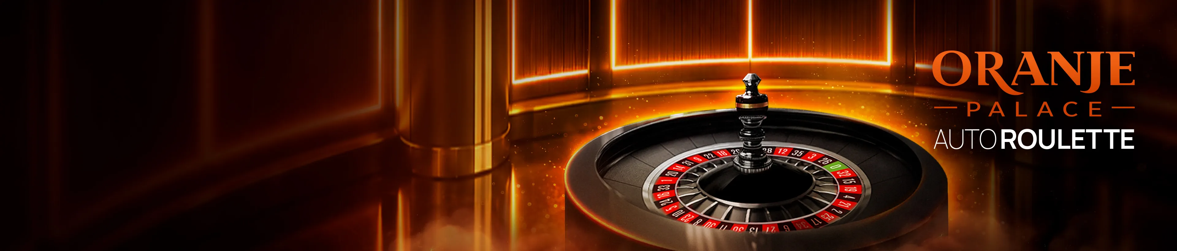 An Oranje Palace AutoRoulette wheel in a dimly lit, luxurious casino setting.