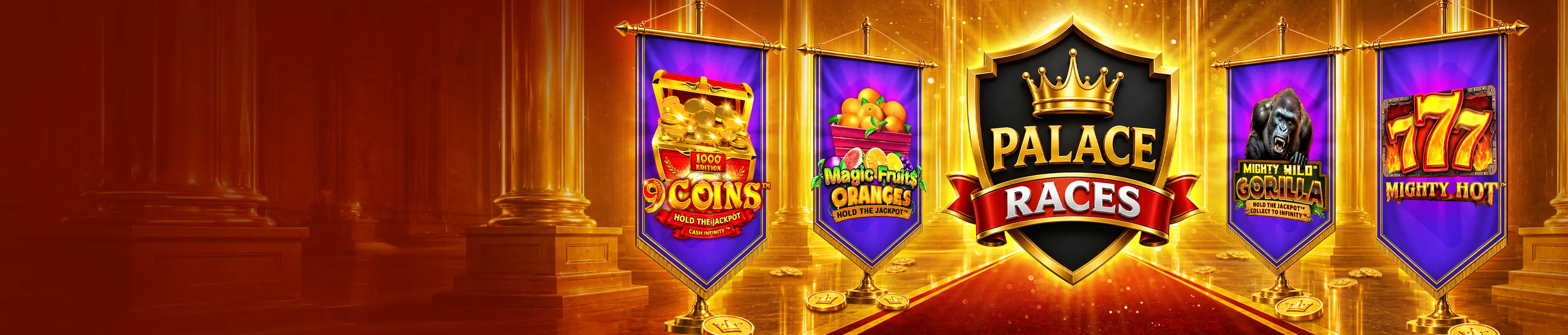 Golden Palace Races logo flanked by purple banners with casino game icons.