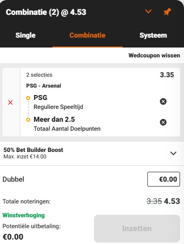 Mobile betting app displaying a combination sports bet with PSV, Arsenal, and PSG matches.