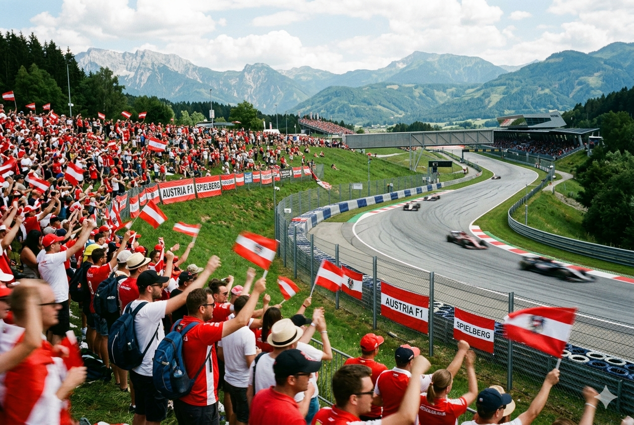 Spectators wave Austrian flags as Formula 1 cars race on a track amidst mountains.