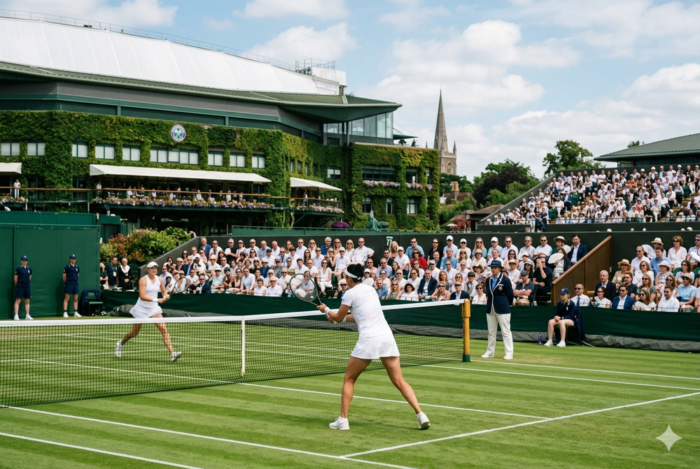 Two female tennis players rally on a vibrant green grass court at Wimbledon stadium.