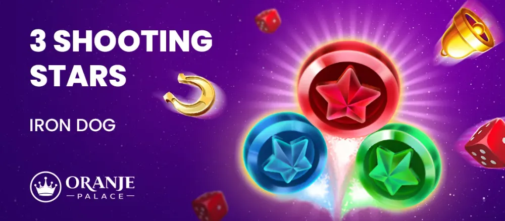 Advertisement for '3 Shooting Stars' by Iron Dog, featuring glowing star tokens and casino symbols.