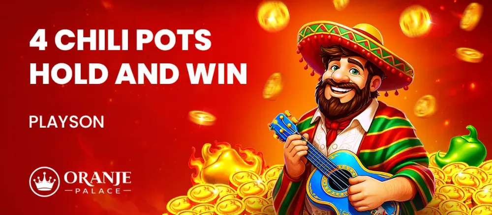 Smiling man in sombrero plays guitar. Game title: 4 Chili Pots Hold and Win.