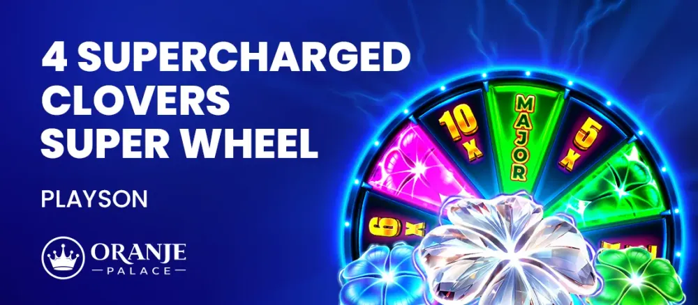 A blue banner featuring a colorful game wheel and text '4 SUPERCHARGED CLOVERS SUPER WHEEL' by Playson.