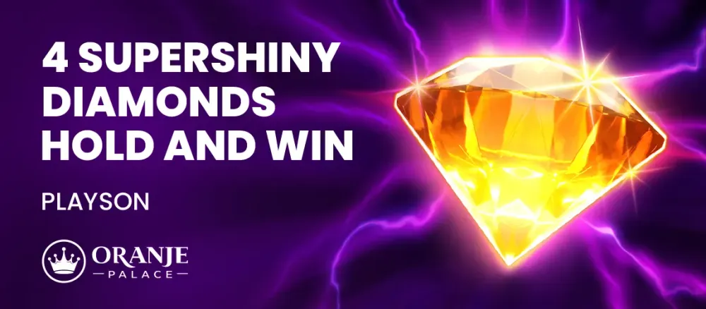 Glowing orange diamond on purple background with '4 SUPERSHINY DIAMONDS HOLD AND WIN' title.
