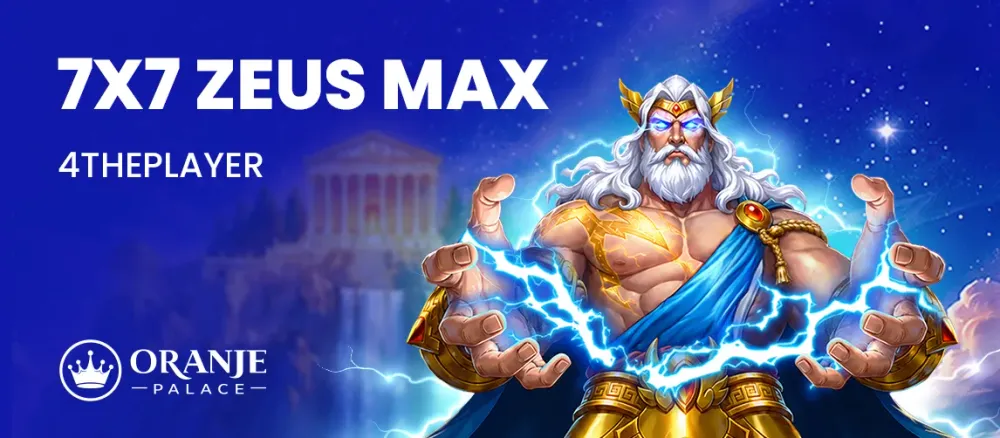 Zeus, holding lightning bolts, stands before a temple with '7X7 ZEUS MAX' text.