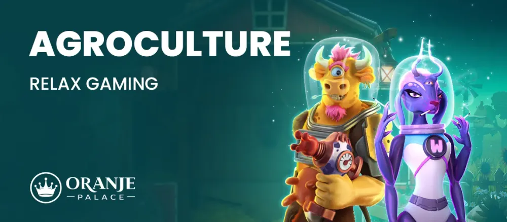 Two alien characters in space helmets, one cow-like, with 'AGROCULTURE RELAX GAMING' text.