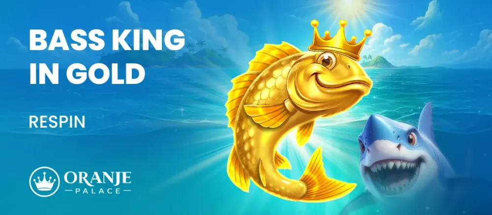 Golden crowned bass fish with a smiling shark underwater, advertising 'BASS KING IN GOLD' and 'RESPIN'.