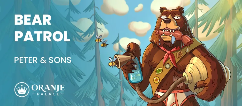 Cartoon scout bear holding a honey contraption with bees, next to "BEAR PATROL" text.