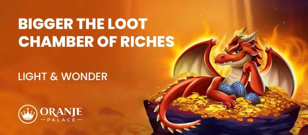 Cartoon red dragon on gold coins with fiery background for "Chamber of Riches."
