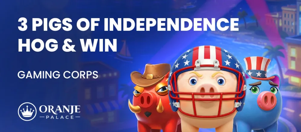 Advertisement for '3 Pigs of Independence Hog & Win' featuring three cartoon pigs with patriotic hats.