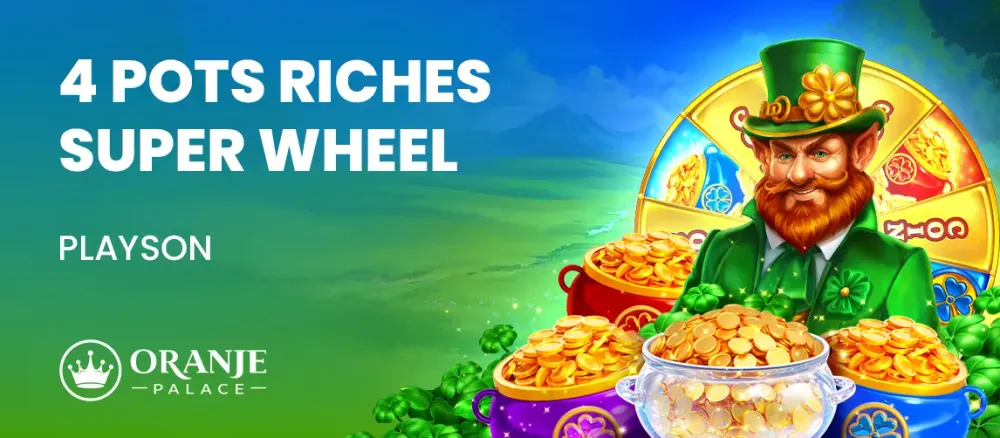 Green-clad leprechaun, spinning casino wheel, and four colorful pots filled with gold coins.