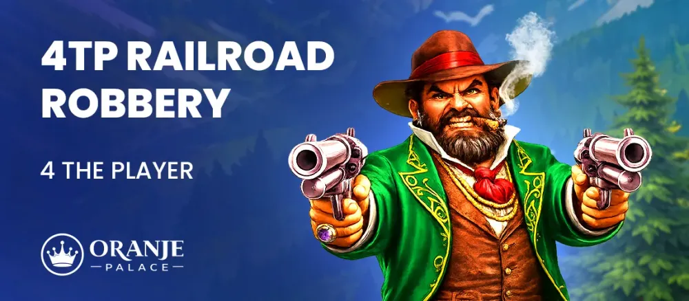 Cowboy character with two smoking pistols and text '4TP RAILROAD ROBBERY'.