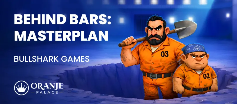 Two cartoon prisoners in orange jumpsuits emerge from a hole with a shovel, text 'BEHIND BARS: MASTERPLAN'.
