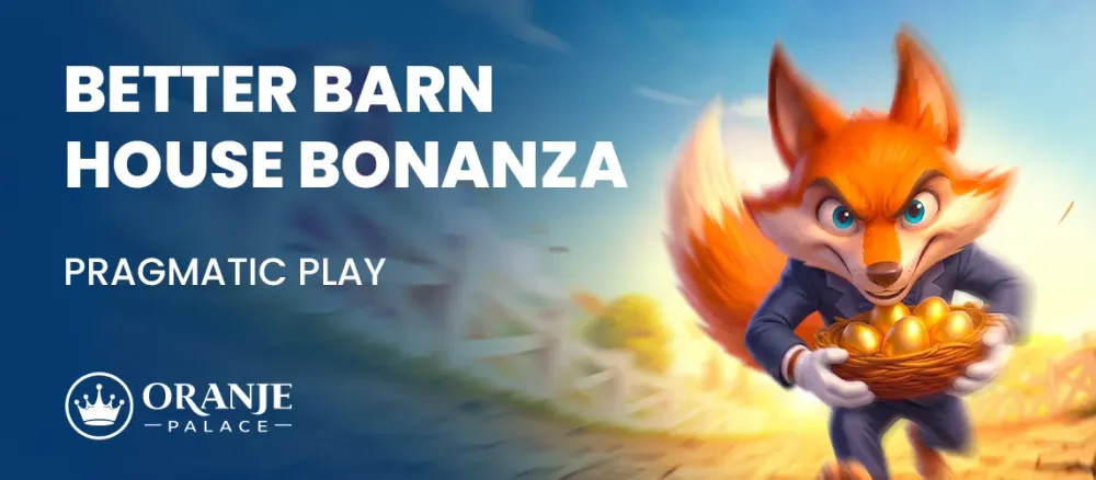Fierce cartoon fox in a suit holds golden eggs for Better Barn House Bonanza.