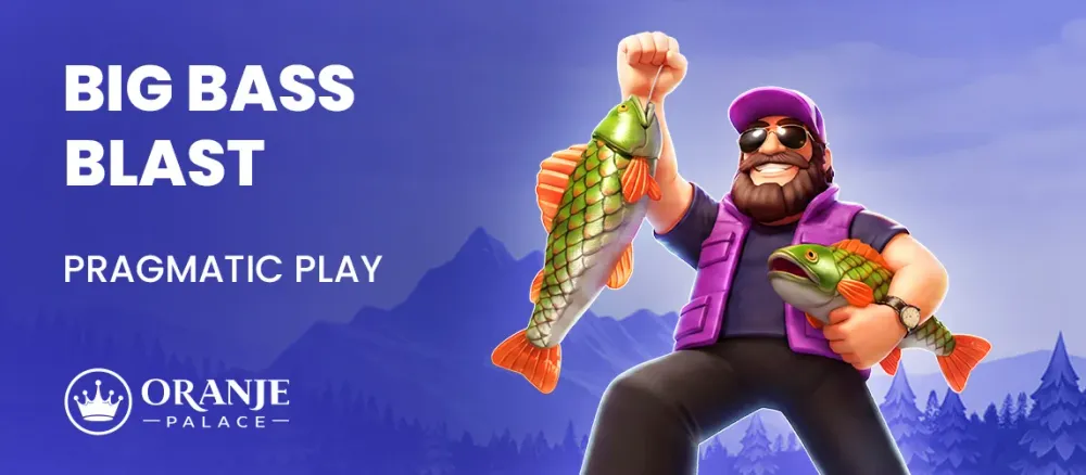 Cartoon man holding two big bass fish with 'BIG BASS BLAST' game title.