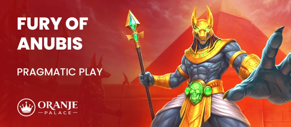 Stylized illustration of Anubis, the Egyptian god, with a staff, promoting 'Fury of Anubis'.