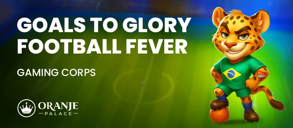 Cartoon jaguar mascot in Brazil soccer jersey with a ball, text 'Goals to Glory Football Fever'.