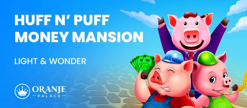 Cartoon pigs promoting 'Huff N' Puff Money Mansion' game by Light & Wonder.