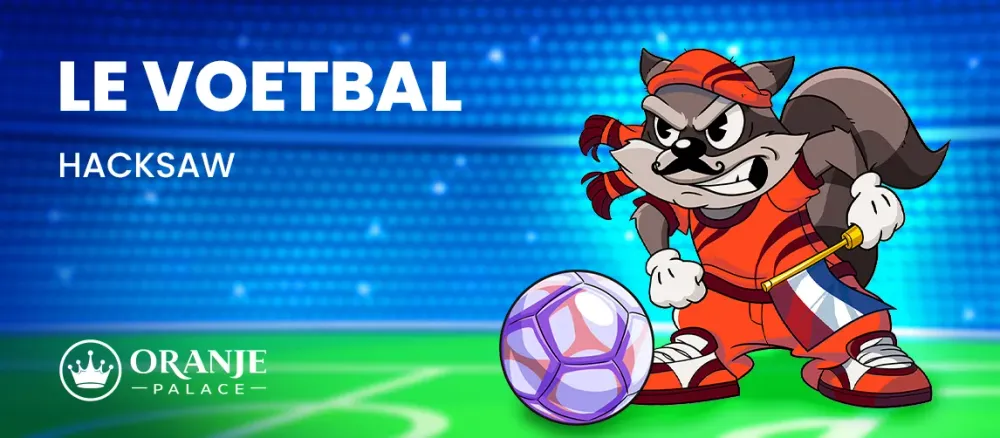 Cartoon raccoon in orange football kit holding a flag with a soccer ball and text 'LE VOETBAL HACKSAW'.