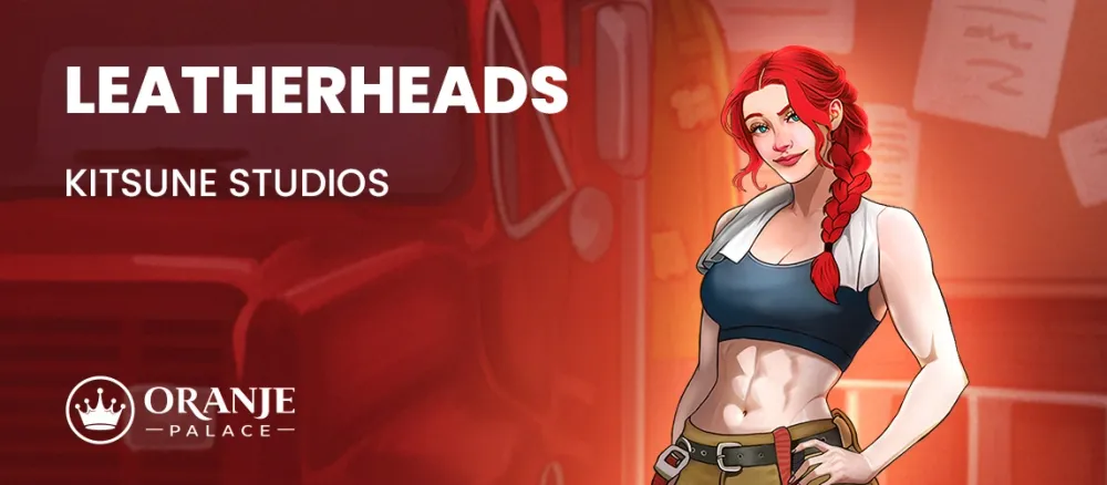 Red-haired animated woman with muscular abs, blue crop top, and 'LEATHERHEADS' title.