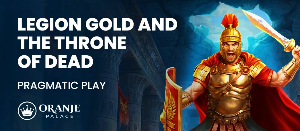 Roman warrior in golden armor with sword and shield promotes 'LEGION GOLD AND THE THRONE OF DEAD'.
