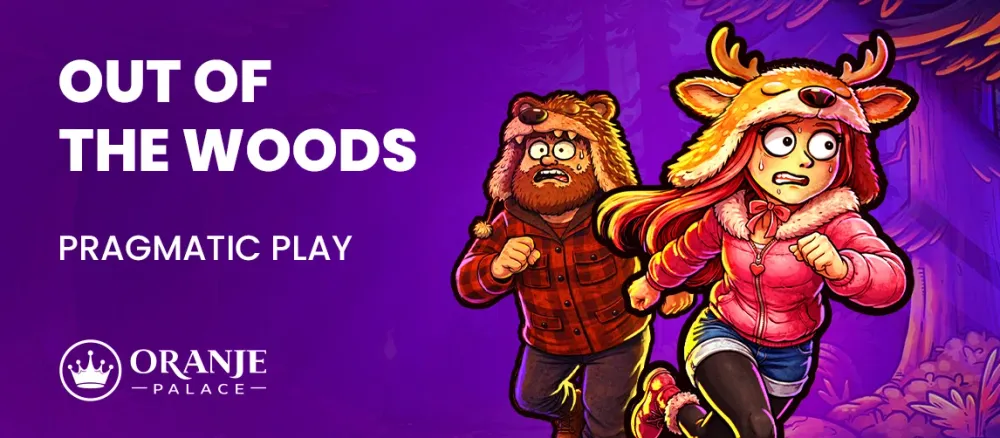 Scared man in bear hat and woman in deer hat run from "OUT OF THE WOODS" by "PRAGMATIC PLAY".