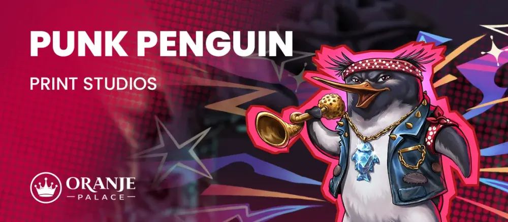Punk penguin in bandana, sunglasses, and leather jacket, holding a microphone. Text: PUNK PENGUIN PRINT STUDIOS.
