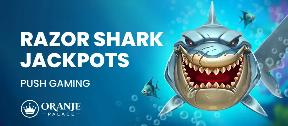 Cartoonish blue shark with sharp teeth and 'RAZOR SHARK JACKPOTS' text.