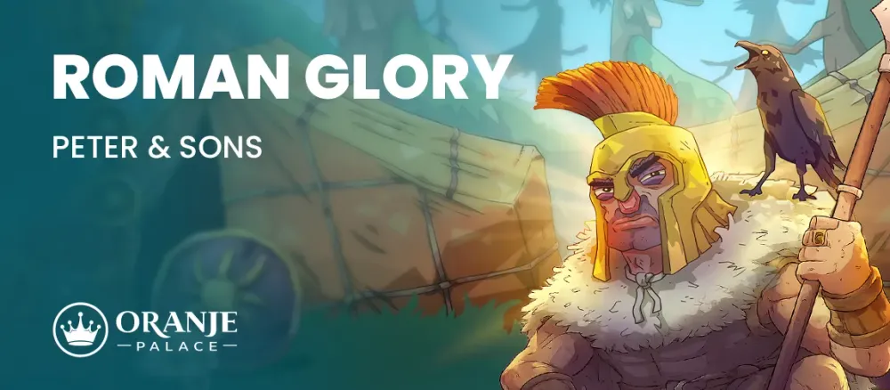 Roman warrior in gold helmet with crow, alongside game title 'Roman Glory'.