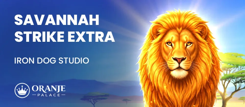 SAVANNAH STRIKE EXTRA game title with a majestic golden lion and Iron Dog Studio logo.
