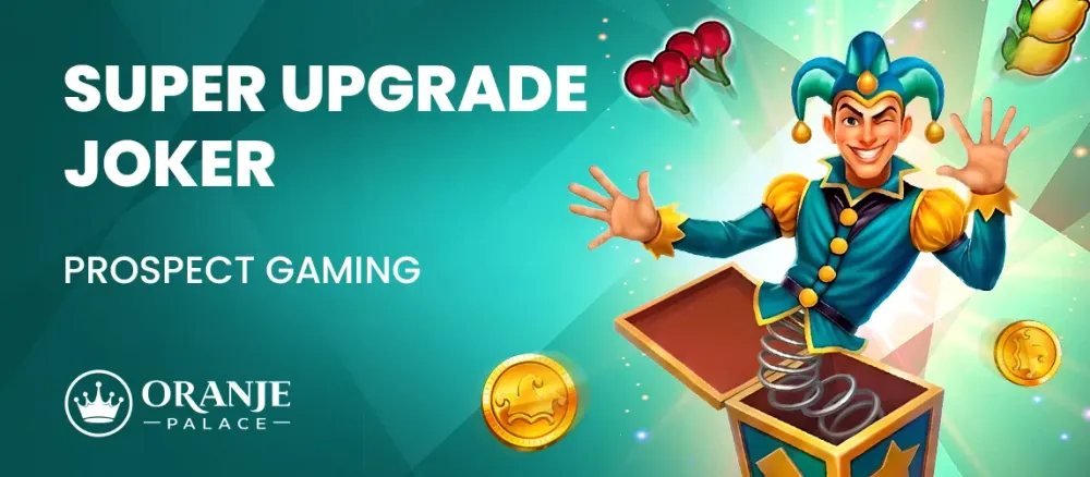 Jester bursting from a jack-in-the-box, surrounded by coins and game symbols. Text: Super Upgrade Joker.