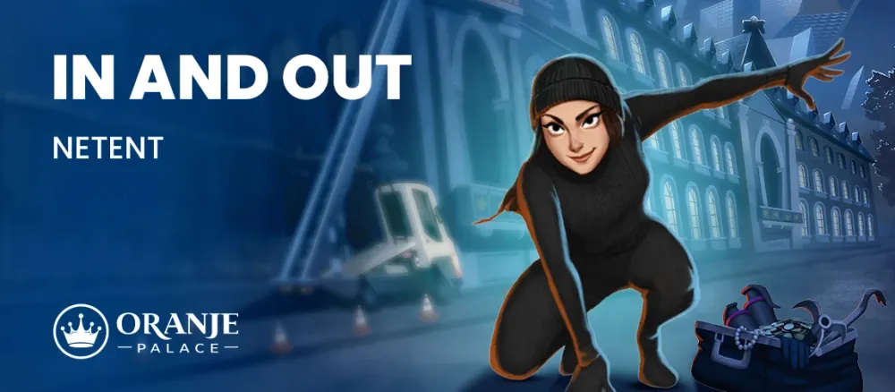 Cartoon woman in black stealth suit crouching in front of a grand building. Text: IN AND OUT.