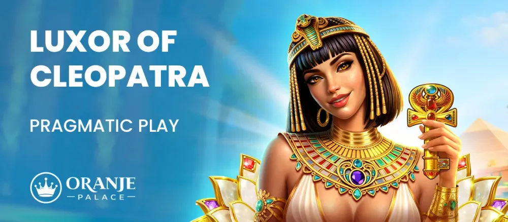 Stylized woman resembling Cleopatra in Egyptian attire holds an ankh. Text: Luxor of Cleopatra.
