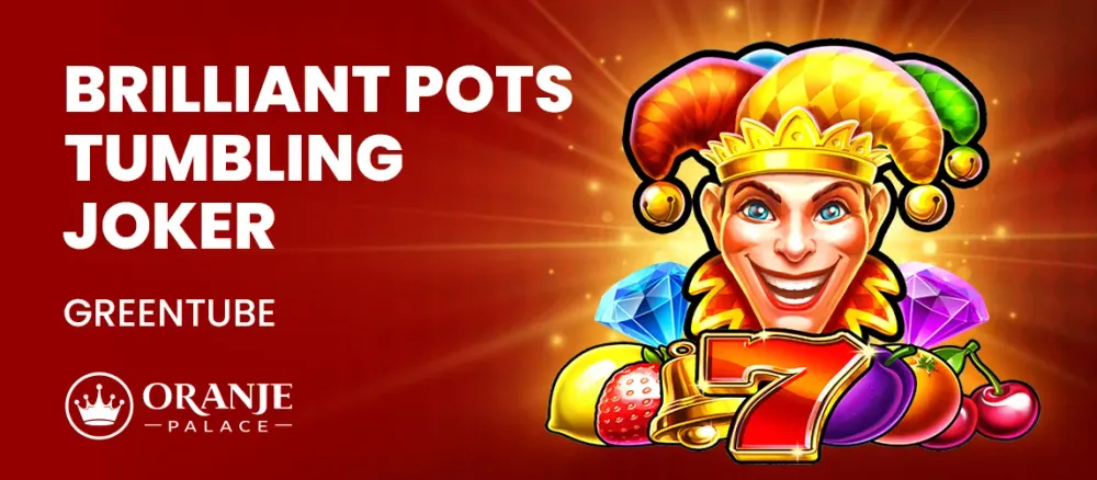 Smiling joker with jester hat surrounded by slot symbols and "BRILLIANT POTS TUMBLING JOKER" text.