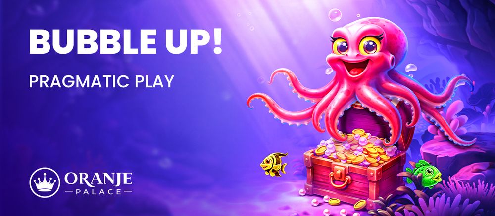 A joyful pink octopus sits on a treasure chest bursting with gold coins underwater.