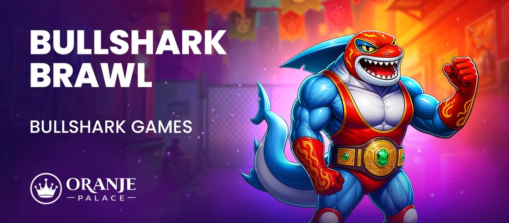 Muscular shark wrestler with championship belt, promoting BULLSHARK BRAWL by Bullshark Games.